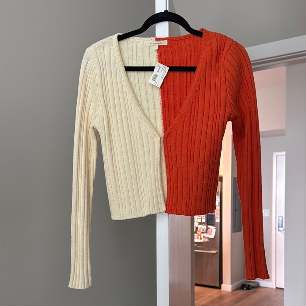 Cream and Orange V-Neck Cable Knit Sweater